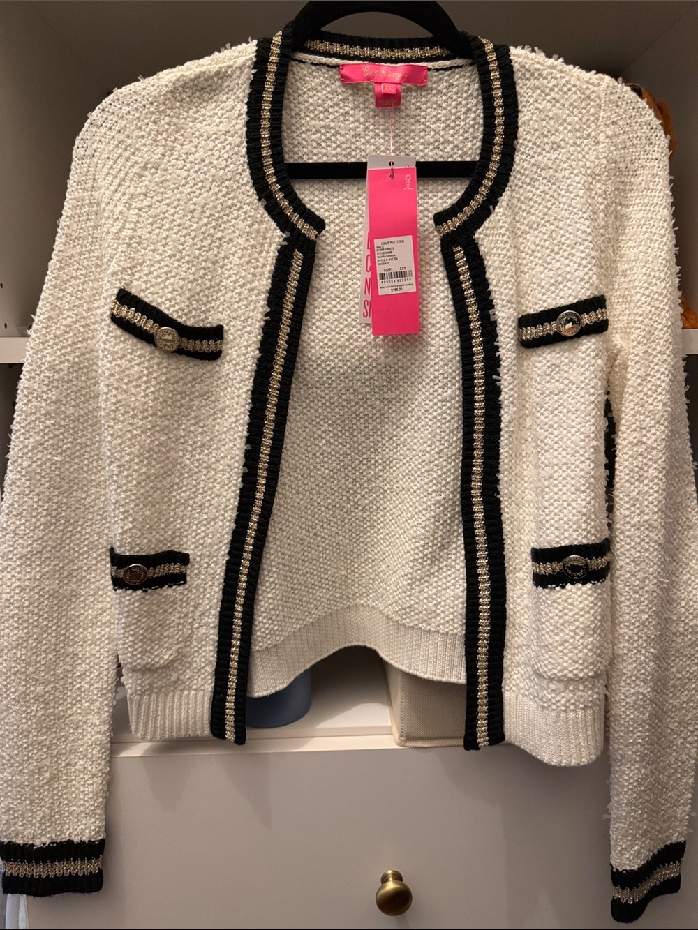 Textured White Bouclé Cardigan with Black Trim